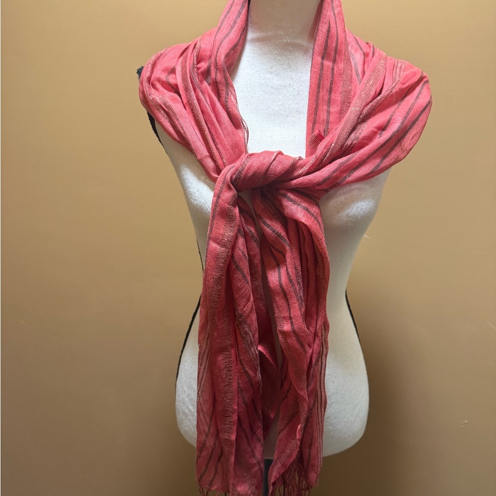Talbots Red pink Metallic Scarf wrap fringed azlon made in India NWT - Picture 10 of 10